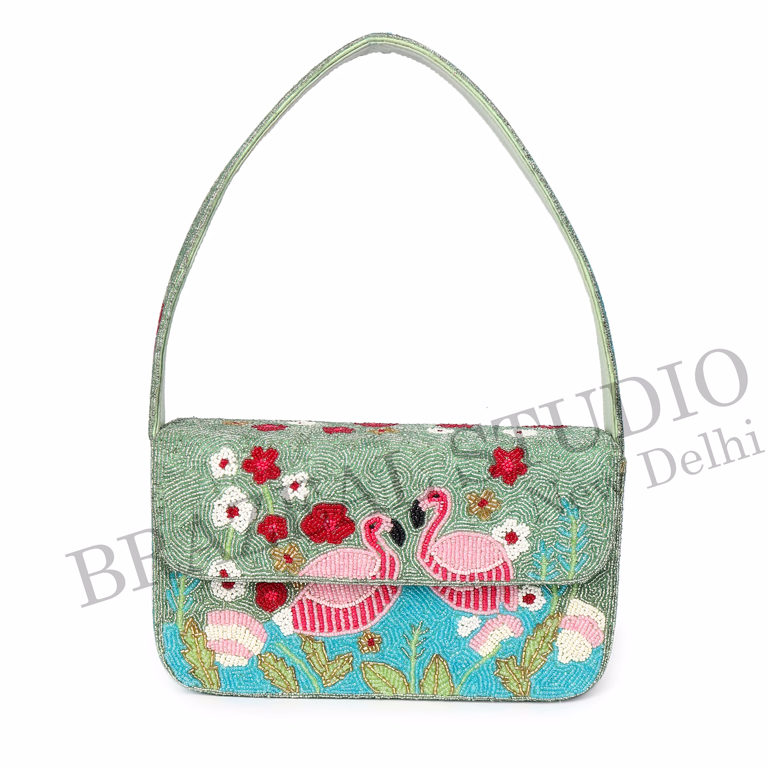Brazeal Studio, Bag, Flamingo / Floral / Nature, Green Base With Pink, Aqua, White & Red Beadwork, Shoulder / Day-to-evening Bag, Fabric Base With Hand-applied Beads, Front Flap image 6