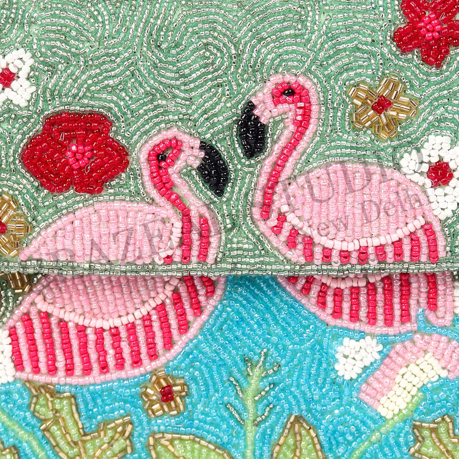 Brazeal Studio, Bag, Flamingo / Floral / Nature, Green Base With Pink, Aqua, White & Red Beadwork, Shoulder / Day-to-evening Bag, Fabric Base With Hand-applied Beads, Front Flap image 7