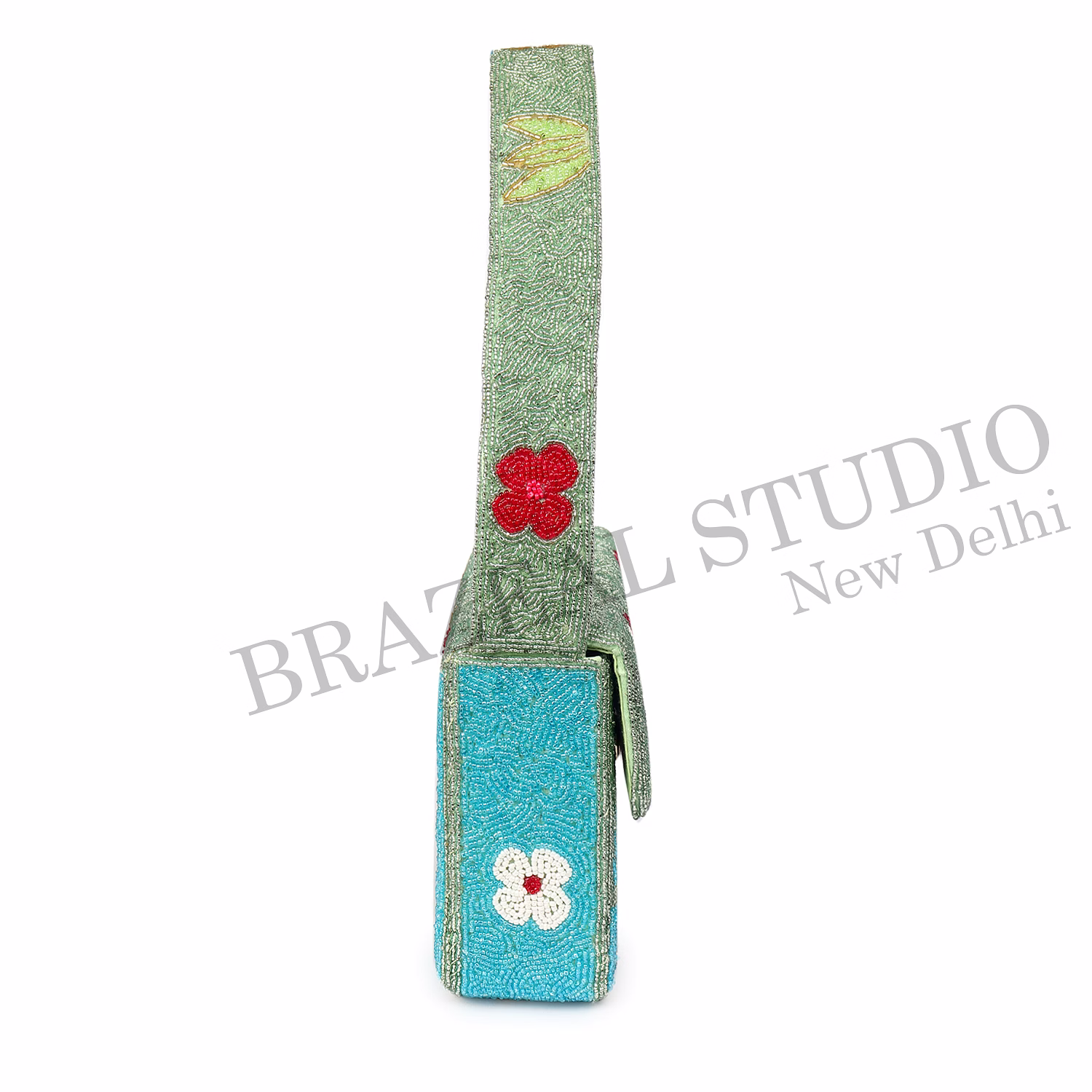 Brazeal Studio, Bag, Flamingo / Floral / Nature, Green Base With Pink, Aqua, White & Red Beadwork, Shoulder / Day-to-evening Bag, Fabric Base With Hand-applied Beads, Front Flap image 8