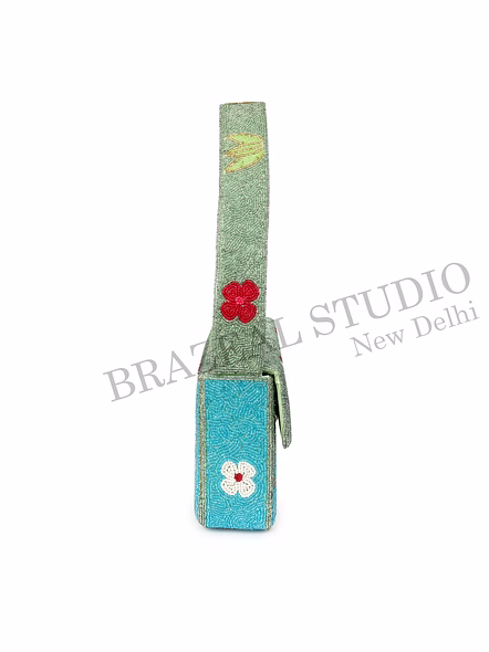Brazeal Studio, Bag, Flamingo / Floral / Nature, Green Base With Pink, Aqua, White &amp; Red Beadwork, Shoulder / Day-to-evening Bag, Fabric Base With Hand-applied Beads, Front Flap-7