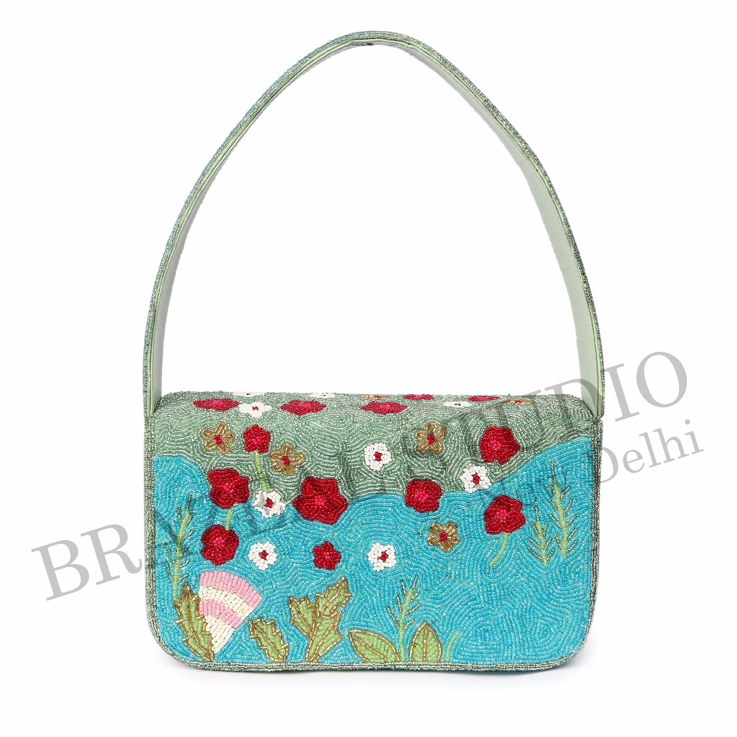Brazeal Studio, Bag, Flamingo / Floral / Nature, Green Base With Pink, Aqua, White & Red Beadwork, Shoulder / Day-to-evening Bag, Fabric Base With Hand-applied Beads, Front Flap image 9