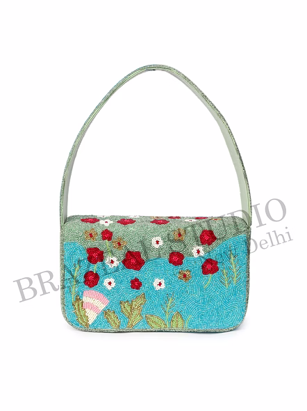 Brazeal Studio, Bag, Flamingo / Floral / Nature, Green Base With Pink, Aqua, White &amp; Red Beadwork, Shoulder / Day-to-evening Bag, Fabric Base With Hand-applied Beads, Front Flap-8