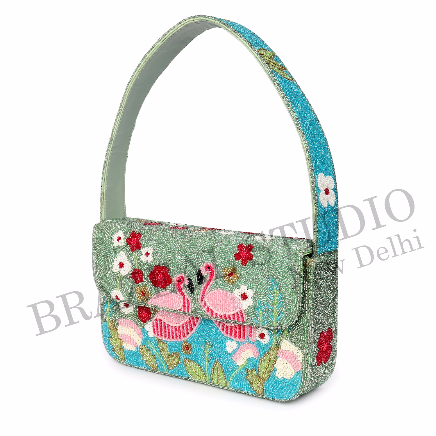 Brazeal Studio, Bag, Flamingo / Floral / Nature, Green Base With Pink, Aqua, White & Red Beadwork, Shoulder / Day-to-evening Bag, Fabric Base With Hand-applied Beads, Front Flap image 10