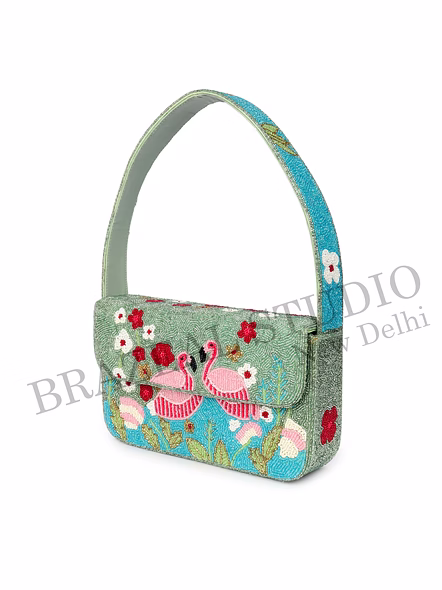 Brazeal Studio, Bag, Flamingo / Floral / Nature, Green Base With Pink, Aqua, White &amp; Red Beadwork, Shoulder / Day-to-evening Bag, Fabric Base With Hand-applied Beads, Front Flap-9