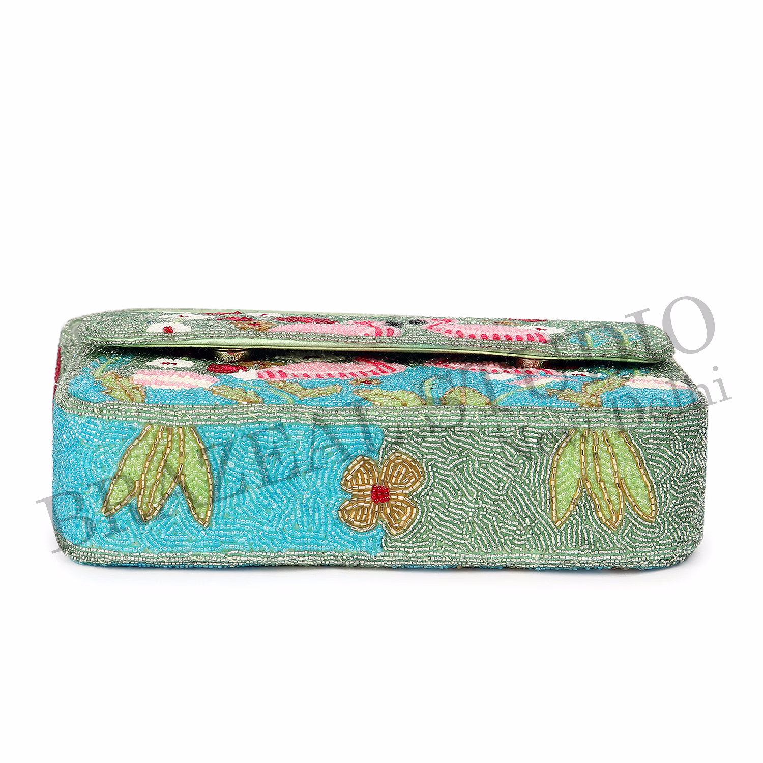 Brazeal Studio, Bag, Flamingo / Floral / Nature, Green Base With Pink, Aqua, White & Red Beadwork, Shoulder / Day-to-evening Bag, Fabric Base With Hand-applied Beads, Front Flap image 11