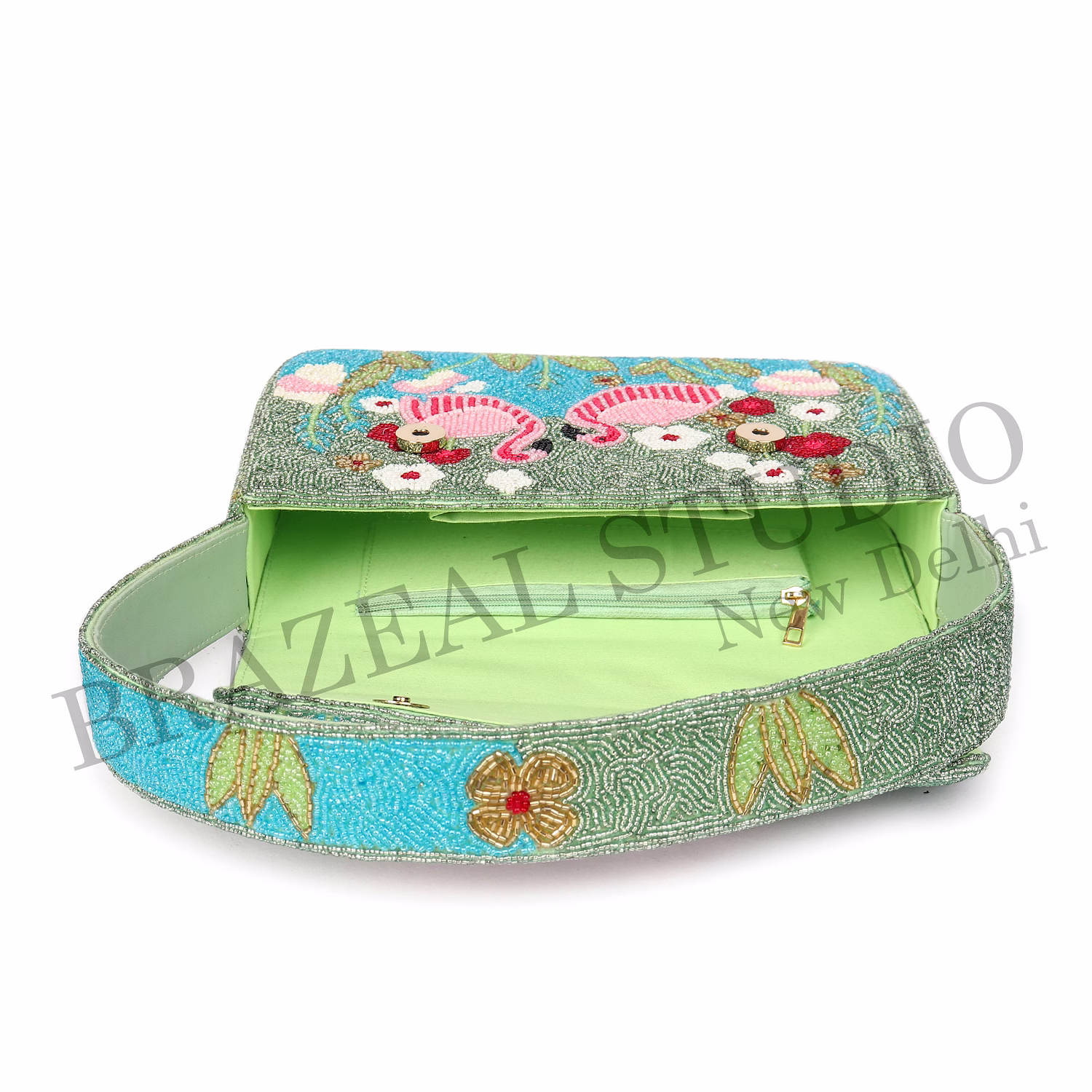Brazeal Studio, Bag, Flamingo / Floral / Nature, Green Base With Pink, Aqua, White & Red Beadwork, Shoulder / Day-to-evening Bag, Fabric Base With Hand-applied Beads, Front Flap image 12