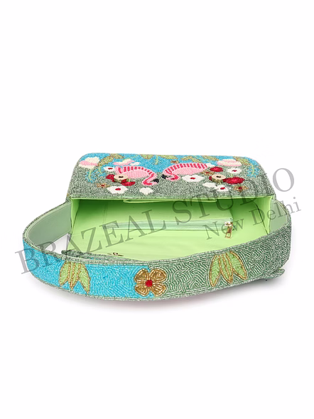 Brazeal Studio, Bag, Flamingo / Floral / Nature, Green Base With Pink, Aqua, White &amp; Red Beadwork, Shoulder / Day-to-evening Bag, Fabric Base With Hand-applied Beads, Front Flap-11