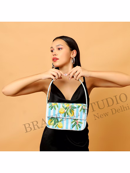 Brazeal Studio, Bag, Lemon / Citrus / Summer / Resort, Blue &amp; White Stripes With Yellow, Green &amp; Coral Accents, Shoulder Bag, Fabric Base With Hand-applied Beads, Front Flap