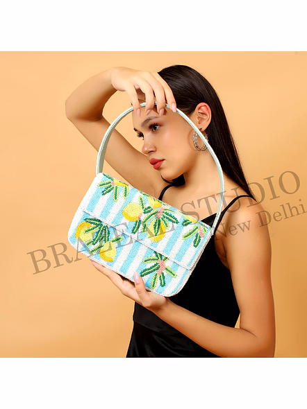 Brazeal Studio, Bag, Lemon / Citrus / Summer / Resort, Blue &amp; White Stripes With Yellow, Green &amp; Coral Accents, Shoulder Bag, Fabric Base With Hand-applied Beads, Front Flap-2