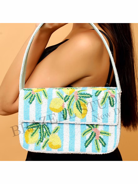 Brazeal Studio, Bag, Lemon / Citrus / Summer / Resort, Blue &amp; White Stripes With Yellow, Green &amp; Coral Accents, Shoulder Bag, Fabric Base With Hand-applied Beads, Front Flap-4