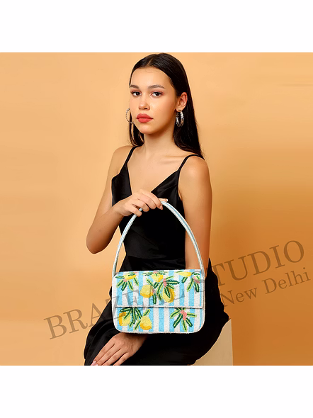 Brazeal Studio, Bag, Lemon / Citrus / Summer / Resort, Blue &amp; White Stripes With Yellow, Green &amp; Coral Accents, Shoulder Bag, Fabric Base With Hand-applied Beads, Front Flap-5