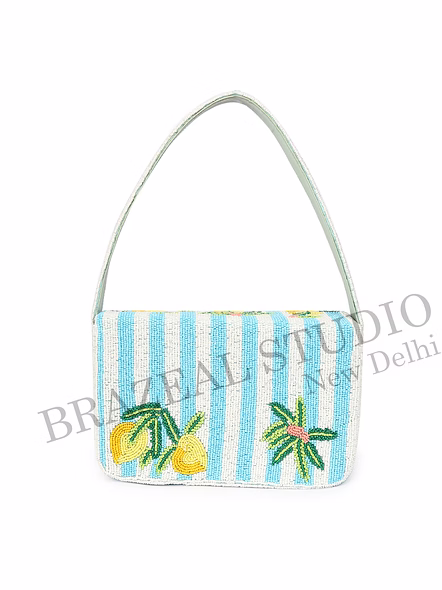 Brazeal Studio, Bag, Lemon / Citrus / Summer / Resort, Blue &amp; White Stripes With Yellow, Green &amp; Coral Accents, Shoulder Bag, Fabric Base With Hand-applied Beads, Front Flap-7