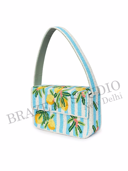 Brazeal Studio, Bag, Lemon / Citrus / Summer / Resort, Blue &amp; White Stripes With Yellow, Green &amp; Coral Accents, Shoulder Bag, Fabric Base With Hand-applied Beads, Front Flap-8