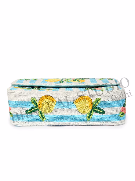 Brazeal Studio, Bag, Lemon / Citrus / Summer / Resort, Blue &amp; White Stripes With Yellow, Green &amp; Coral Accents, Shoulder Bag, Fabric Base With Hand-applied Beads, Front Flap-9