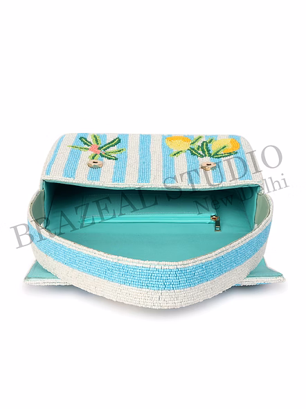 Brazeal Studio, Bag, Lemon / Citrus / Summer / Resort, Blue &amp; White Stripes With Yellow, Green &amp; Coral Accents, Shoulder Bag, Fabric Base With Hand-applied Beads, Front Flap-10