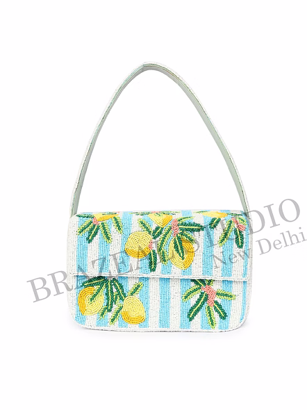 Brazeal Studio, Bag, Lemon / Citrus / Summer / Resort, Blue &amp; White Stripes With Yellow, Green &amp; Coral Accents, Shoulder Bag, Fabric Base With Hand-applied Beads, Front Flap-11