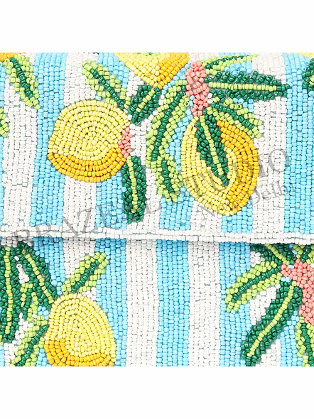 Brazeal Studio, Bag, Lemon / Citrus / Summer / Resort, Blue &amp; White Stripes With Yellow, Green &amp; Coral Accents, Shoulder Bag, Fabric Base With Hand-applied Beads, Front Flap-12