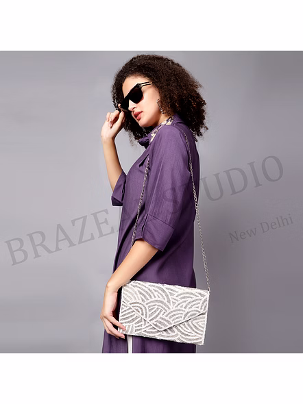 Beaded Envelope Clutch Bag - Silver-tone Beaded Envelope Clutch With Metal Chain Strap