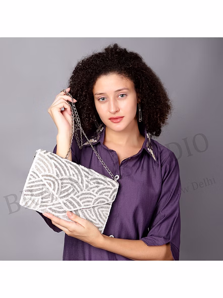 Beaded Envelope Clutch Bag - Silver-tone Beaded Envelope Clutch With Metal Chain Strap