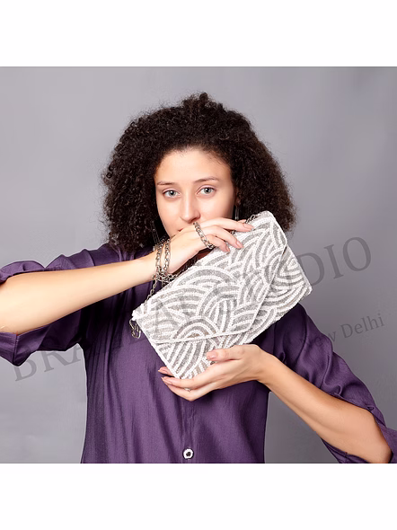 Beaded Envelope Clutch Bag - Silver-tone Beaded Envelope Clutch With Metal Chain Strap-2