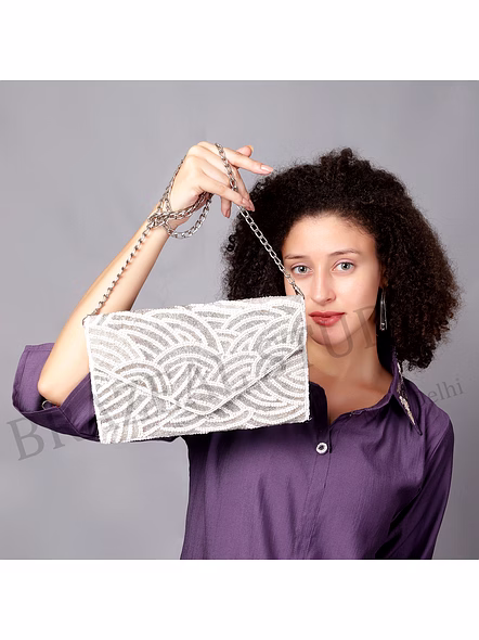 Beaded Envelope Clutch Bag - Silver-tone Beaded Envelope Clutch With Metal Chain Strap-3