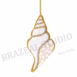 beaded conch shell hanging ornament - white and gold beaded conch shell ornament with hanging loop
