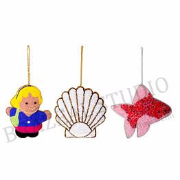 beaded hanging ornament set - three hanging ornaments in doll, shell, and starfish motifs
