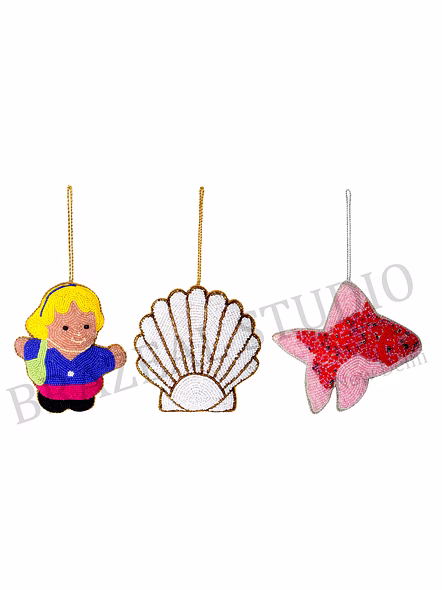 Beaded Hanging Ornament Set - Three Hanging Ornaments In Doll, Shell, And Starfish Motifs