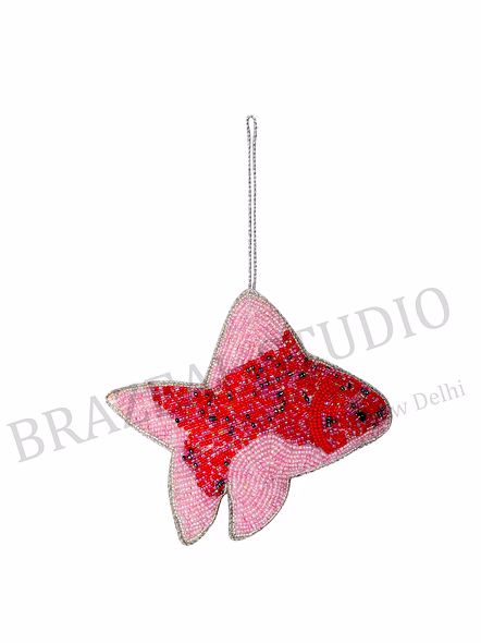 Beaded Fish Hanging Ornament - Pink And Red Beaded Fish Ornament With Hanging Loop