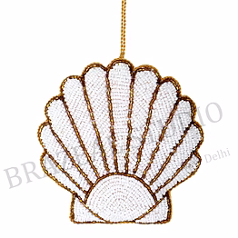 beaded shell hanging ornament - white beaded scallop shell ornament with gold outlining