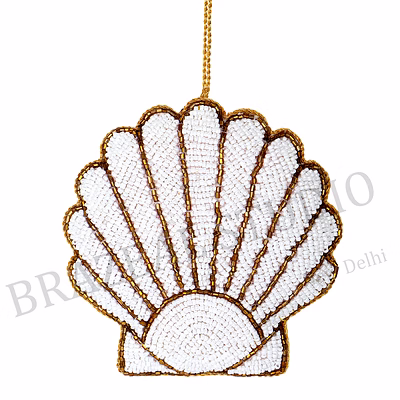 beaded shell hanging ornament - white beaded scallop shell ornament with gold outlining