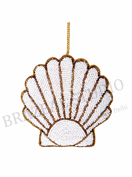 Beaded Shell Hanging Ornament - White Beaded Scallop Shell Ornament With Gold Outlining