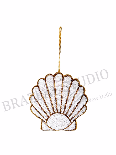 Beaded Shell Hanging Ornament - White Beaded Scallop Shell Ornament With Gold Outlining