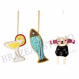 assorted hanging ornament set - three-piece ornament set with cocktail glass, fish, and felt character motifs