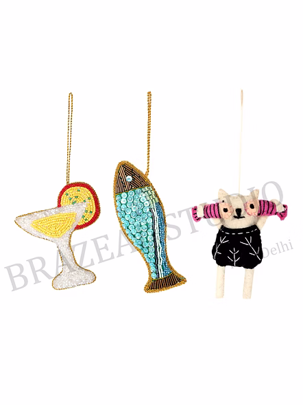 Assorted Hanging Ornament Set - Three-piece Ornament Set With Cocktail Glass, Fish, And Felt Character Motifs