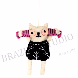 felt character hanging ornament - felt cat character ornament with pink striped accessory and hanging loop