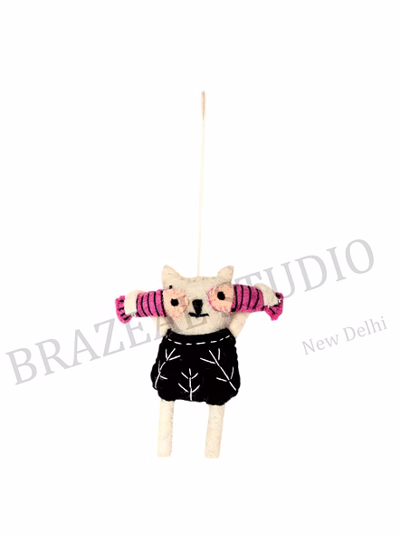 Felt Character Hanging Ornament - Felt Cat Character Ornament With Pink Striped Accessory And Hanging Loop