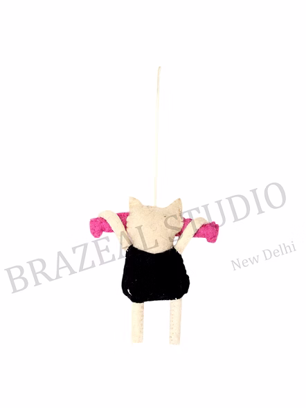 Felt Character Hanging Ornament - Felt Cat Character Ornament With Pink Striped Accessory And Hanging Loop-2