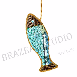 beaded fish hanging ornament - blue/teal beaded fish ornament with gold edging and hanging loop