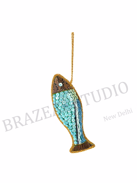 Beaded Fish Hanging Ornament - Blue/teal Beaded Fish Ornament With Gold Edging And Hanging Loop