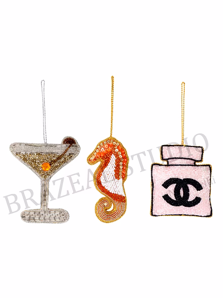 Beaded Motif Hanging Ornament Set - Three-piece Set Featuring Martini Glass, Seahorse, And Perfume-bottle Motifs