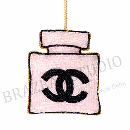 beaded perfume-bottle hanging ornament - pink beaded perfume-bottle motif with black interlocking 'c' icon and hanging loop
