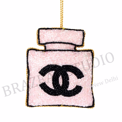 beaded perfume-bottle hanging ornament - pink beaded perfume-bottle motif with black interlocking 'c' icon and hanging loop