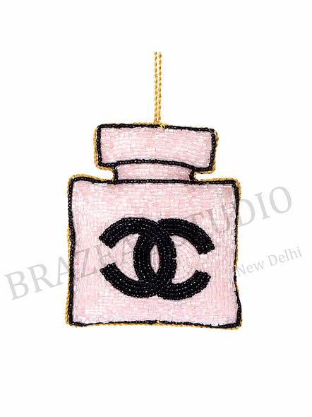 Beaded Perfume-Bottle Hanging Ornament - Pink Beaded Perfume-bottle Motif With Black Interlocking 'C' Icon And Hanging Loop