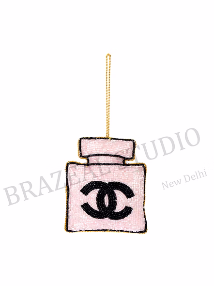 Beaded Perfume-Bottle Hanging Ornament - Pink Beaded Perfume-bottle Motif With Black Interlocking 'C' Icon And Hanging Loop