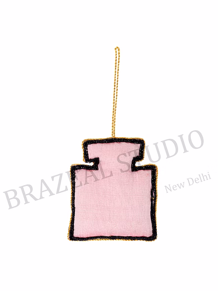 Beaded Perfume-Bottle Hanging Ornament - Pink Beaded Perfume-bottle Motif With Black Interlocking 'C' Icon And Hanging Loop-2