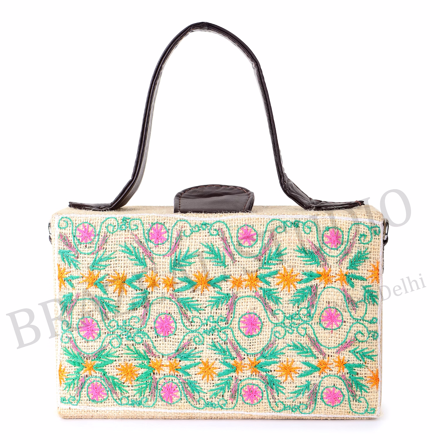 embroidered structured handbag - rectangular handbag with embroidered pattern and black handles