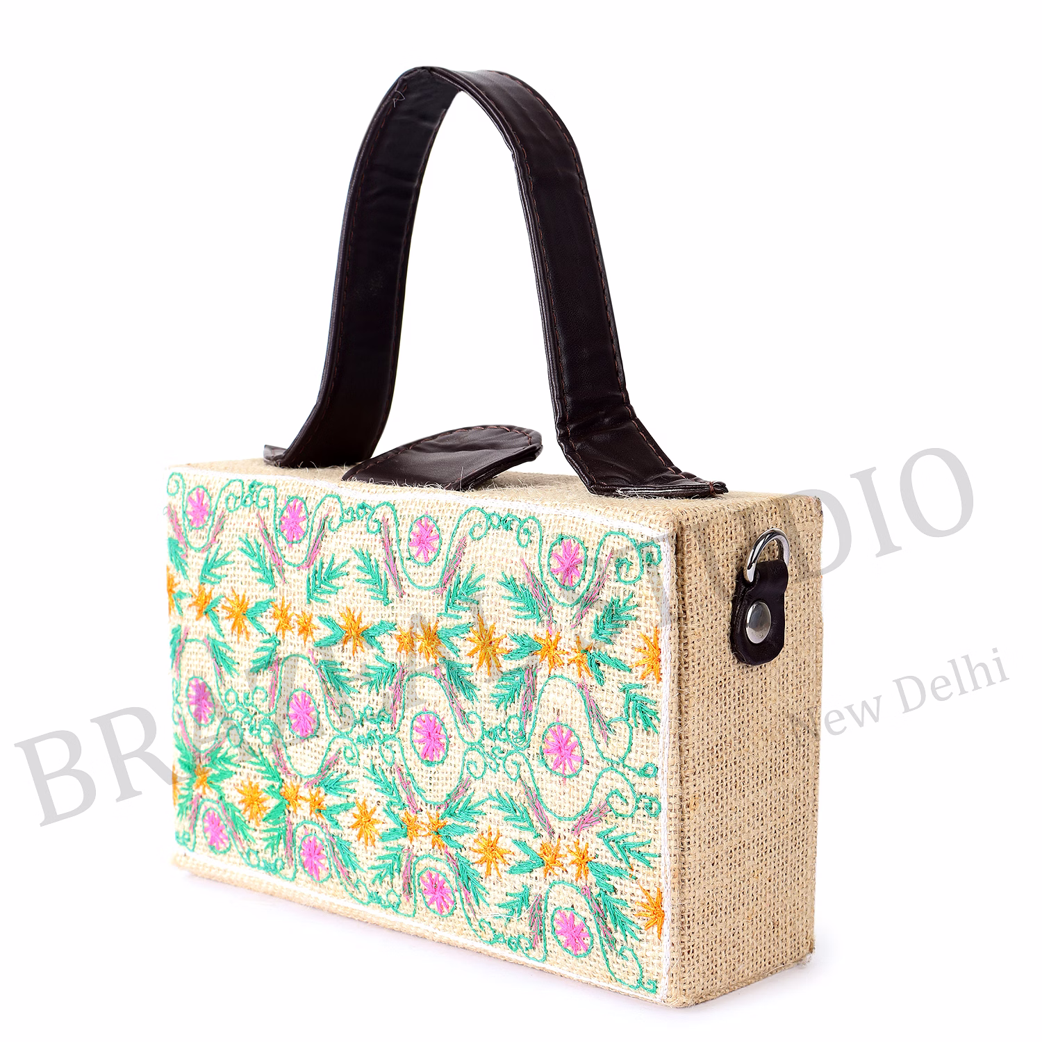 Embroidered Structured Handbag - Rectangular Handbag With Embroidered Pattern And Black Handles image 2