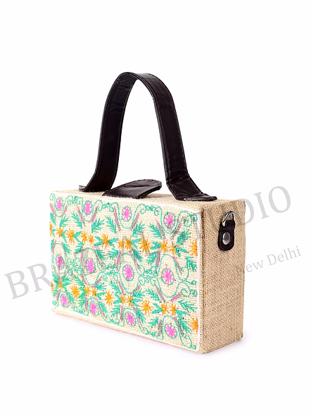 Embroidered Structured Handbag - Rectangular Handbag With Embroidered Pattern And Black Handles