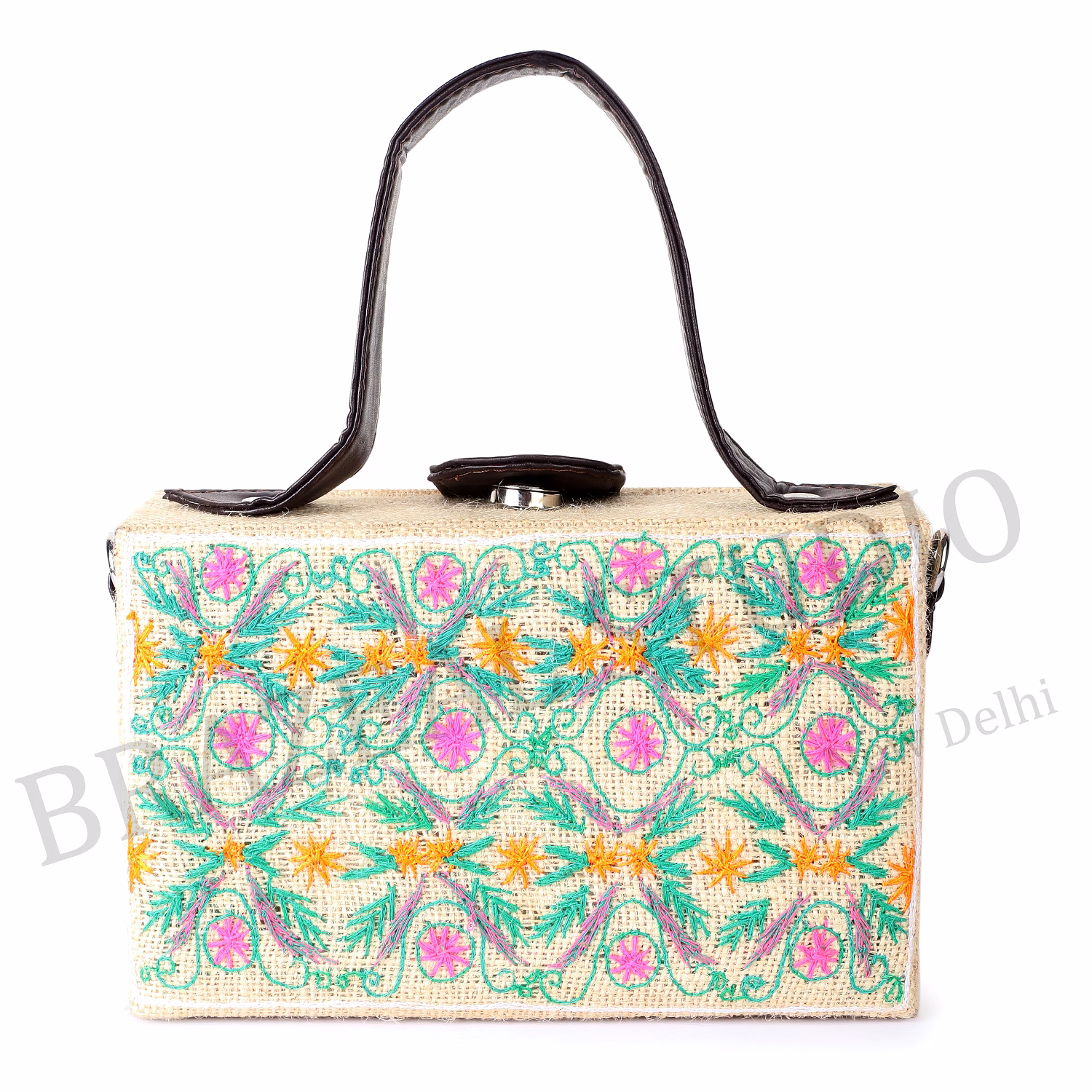 Embroidered Structured Handbag - Rectangular Handbag With Embroidered Pattern And Black Handles image 3